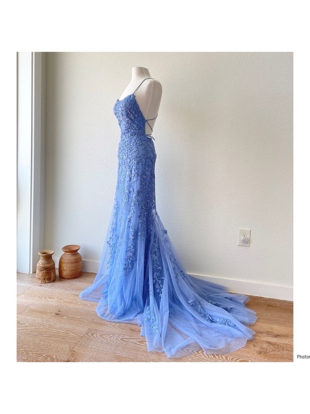 Sherri Hill Blue Lace Evening Gown Mermaid Medium Tail Prom Dress Party Size 6 - Picture 2 of 10